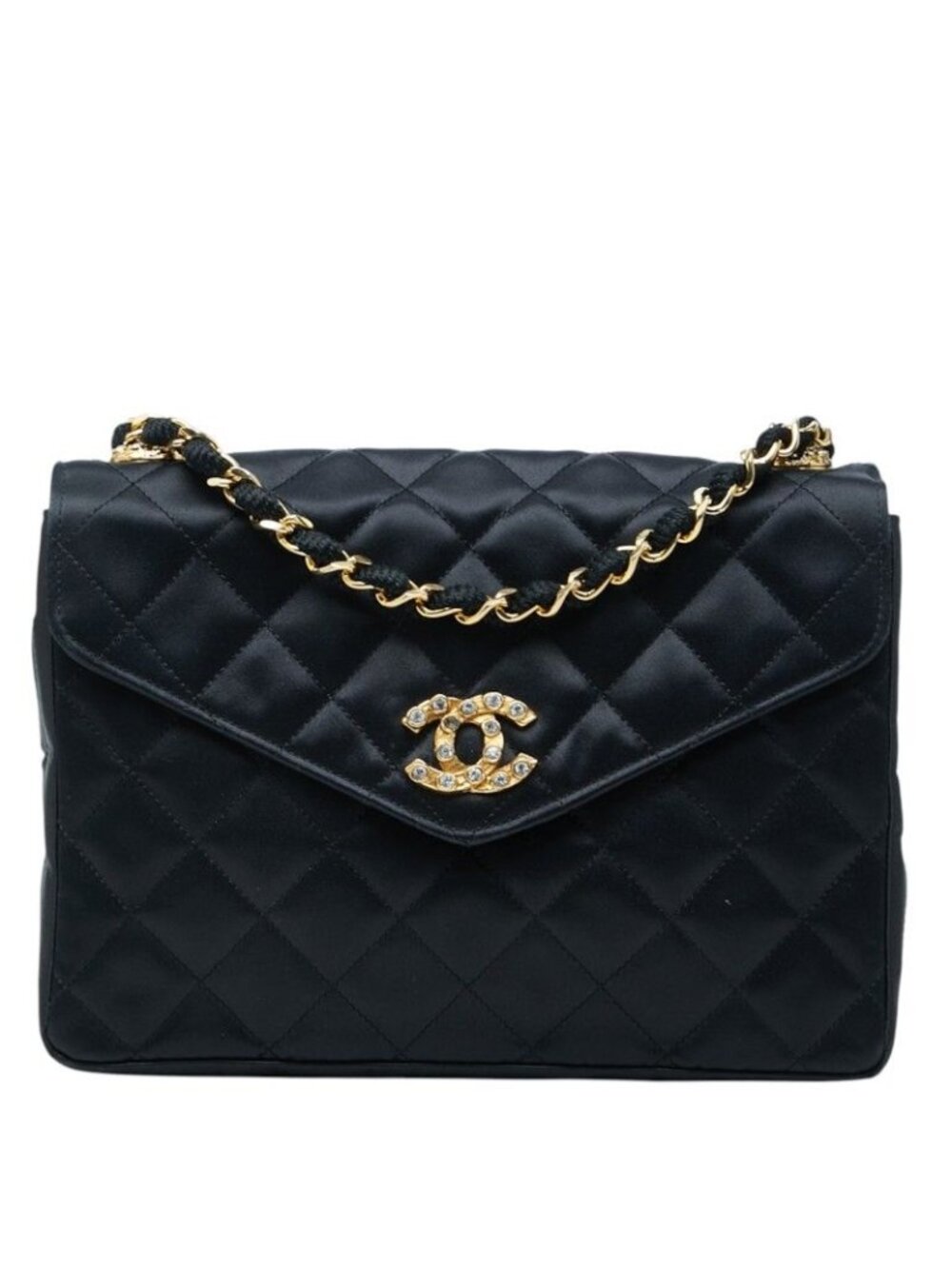 Chanel Quilted CC Logo Bijou Crossbody Chain Shoulder Bag Black Satin